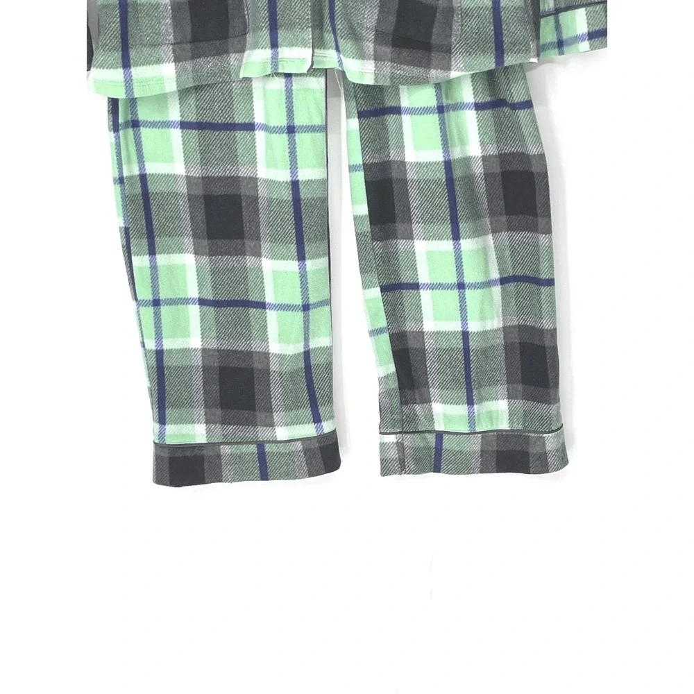 Anne Klein Women Pajama Set S Fleece Green Plaid‎ Button Down Cozy